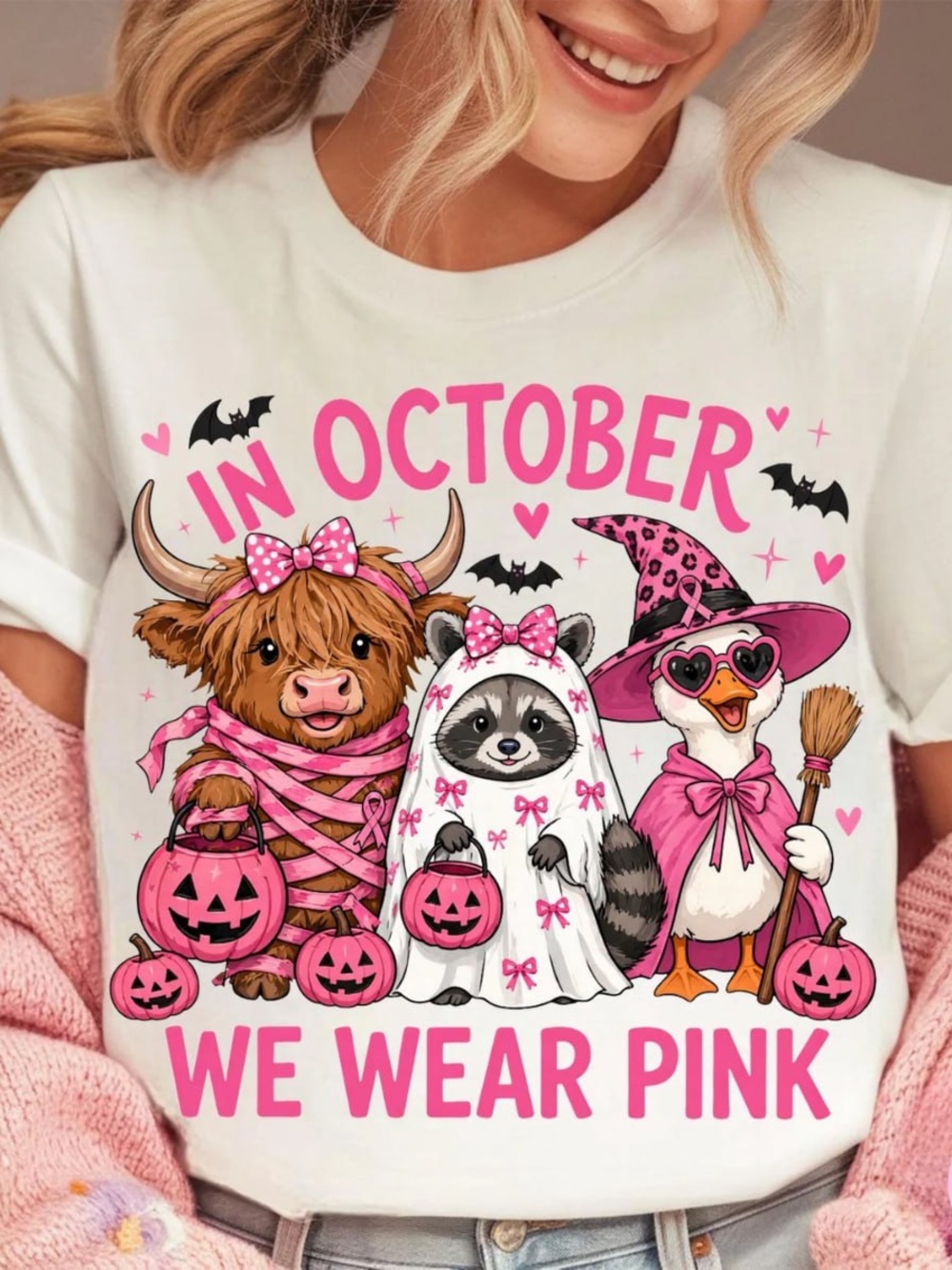 Off White - Pink 'In October We Wear Pink' Halloween Graphic Tee